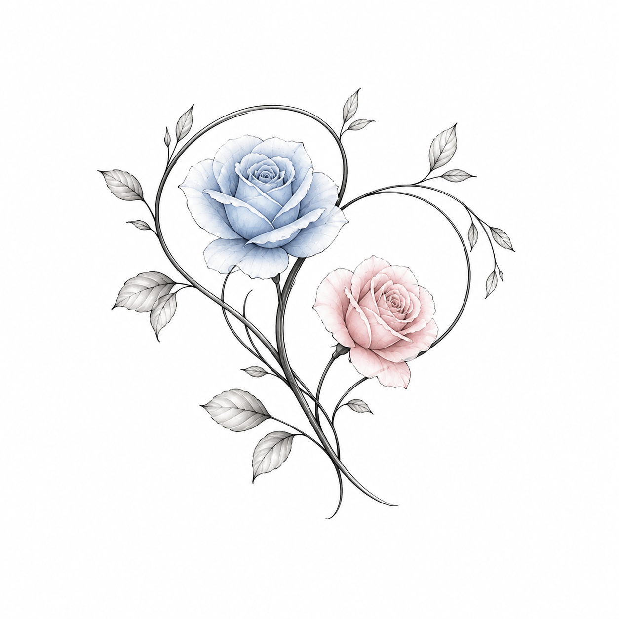Feine rosé-blaue Rosenillustration als Beispiel für eine Tattoo-Vorlage